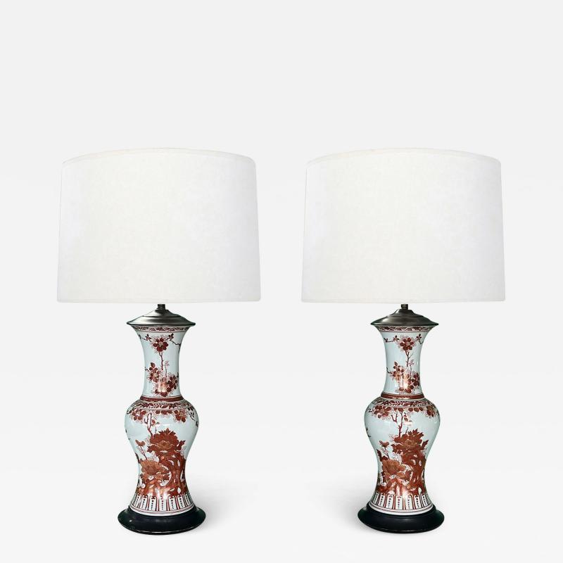 A Good Pair of Chinese Export style Floral Decorated Vases Mounted as Lamps