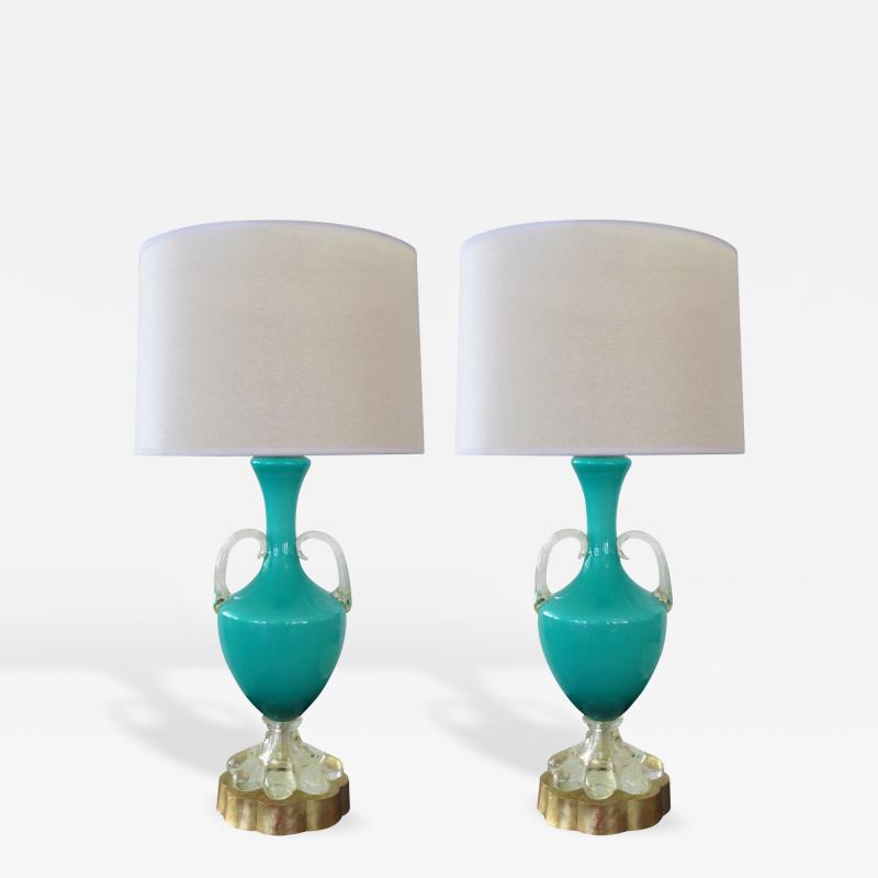 A Good Pair of Italian Murano Teal Cased Glass Urn Form Lamps
