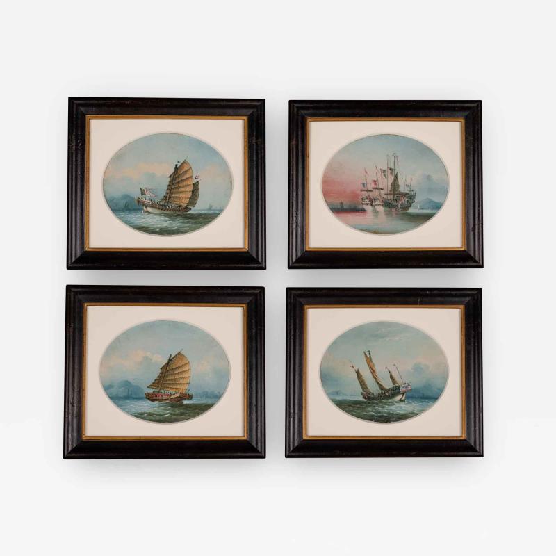 A Good Set of Four Oil on Linen Paintings of Chinese Junks by NC