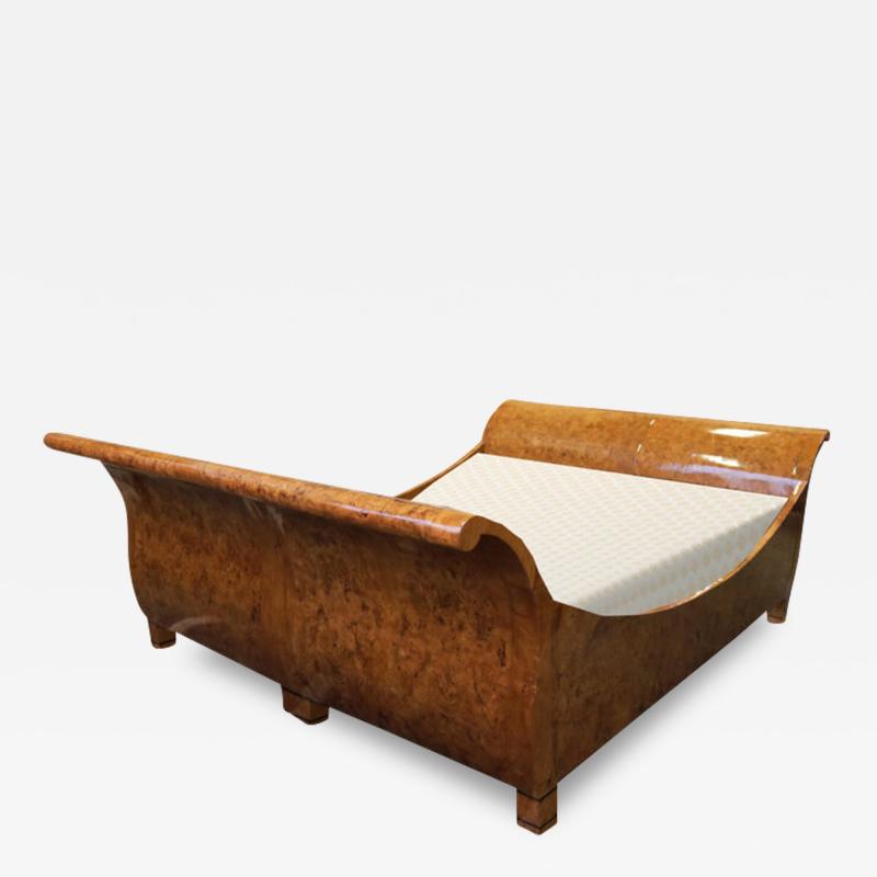 A Graceful 19th Century Austrian Biedermeier Burlwood Lit de Bateau Bed