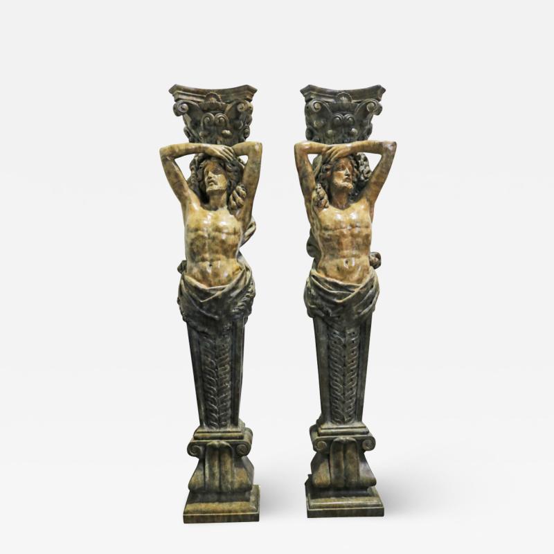 A Grand 19th Century Pair of Marbleized Metal Caryatids