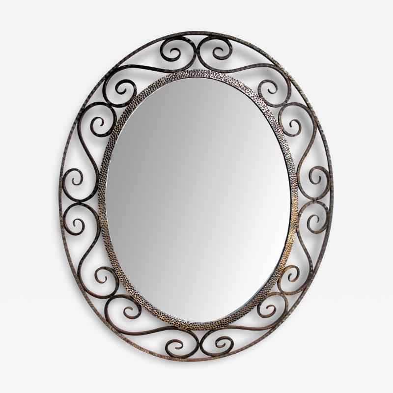 A Hand Crafted French Art Deco Iron Oval Mirror Style of Edgar Brandt