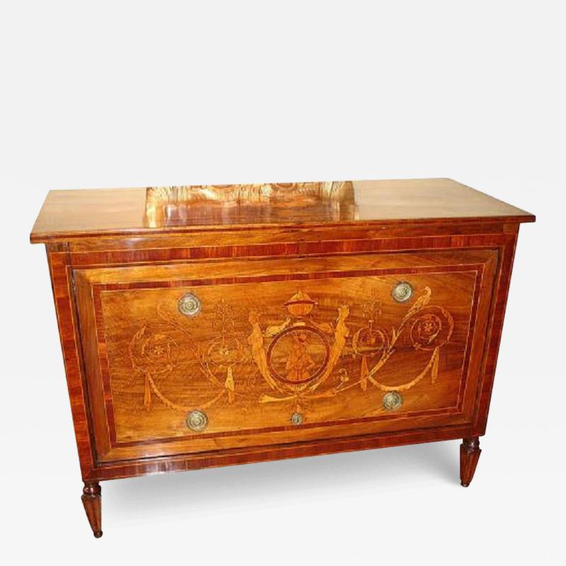 A Highly Unusual 18th Century Italian Walnut Neoclassical Marquetry Commode