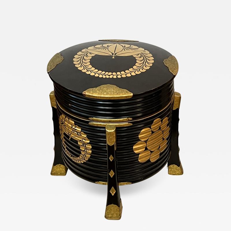 A Japanese Meiji Period Black Lacquer Hokai Lidded Box with Brass Mounts
