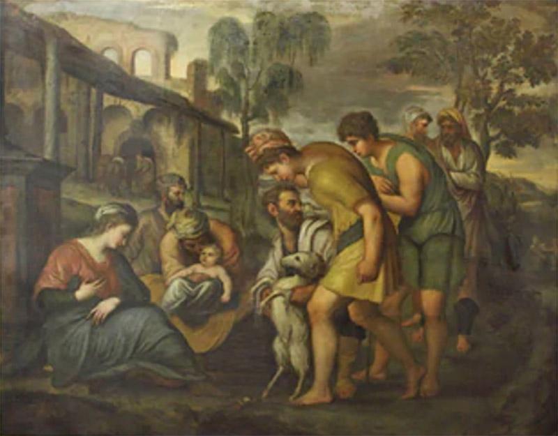 A LARGE ANTIQUE OIL ON CANVAS DEPICTING BABY JESUS