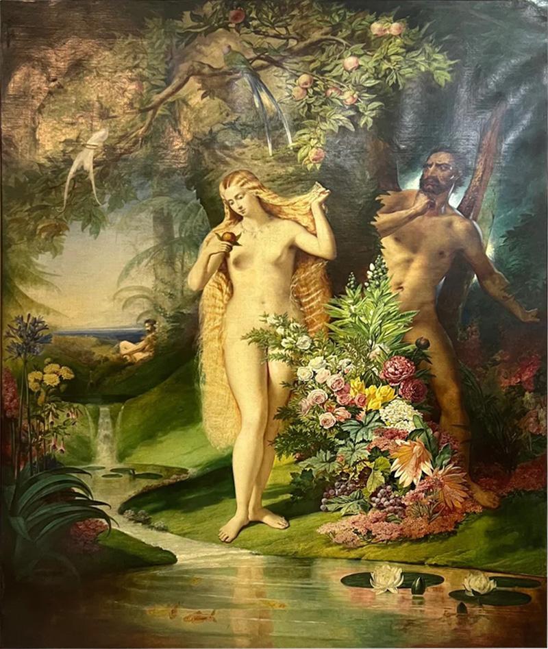 A LARGE ANTIQUE OIL ON CANVAS DEPICTING BIBLICAL ADAM AND EVE