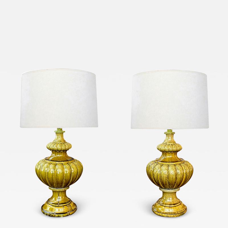 A Large Pair of 1960s Baluster form Lobed Chartreuse Drip Glazed Lamps