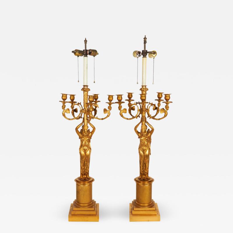 A Large Pair of French Empire style Gilt Bronze Five Light Candelabra Lamps