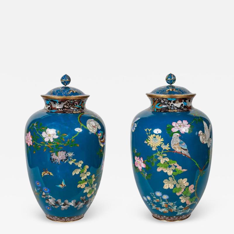 A Large Pair of Japanese Cloisonne Enamel Blue Ground Vases and Covers Meiji