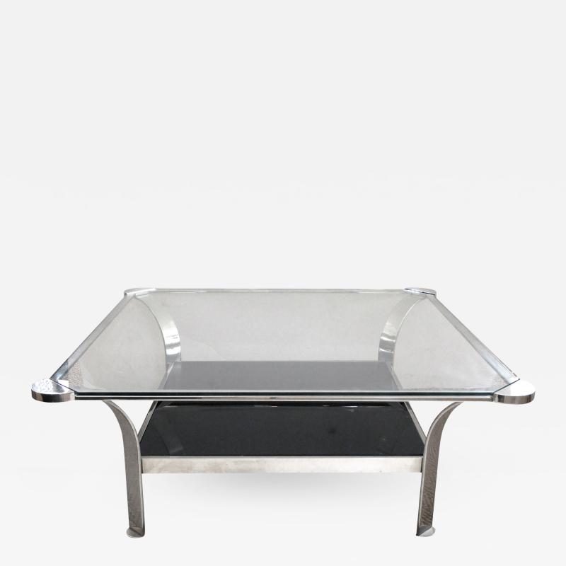 A Large Scaled French 1970s Steel Coffee Table with Clear Glass Top