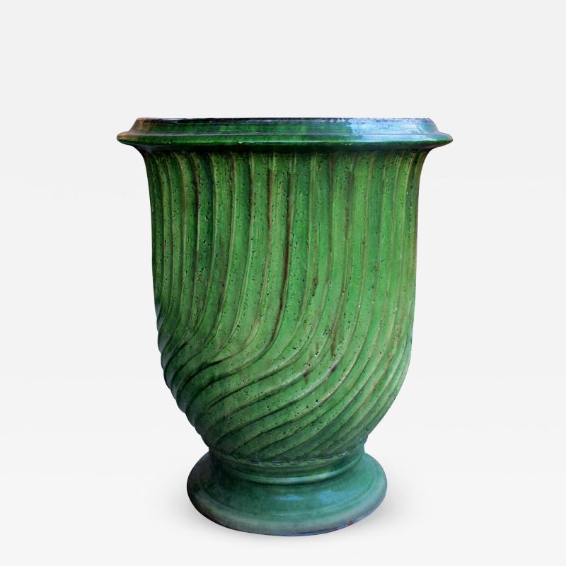 A Large Scaled French Green Glazed Striated Garden Pot Urn