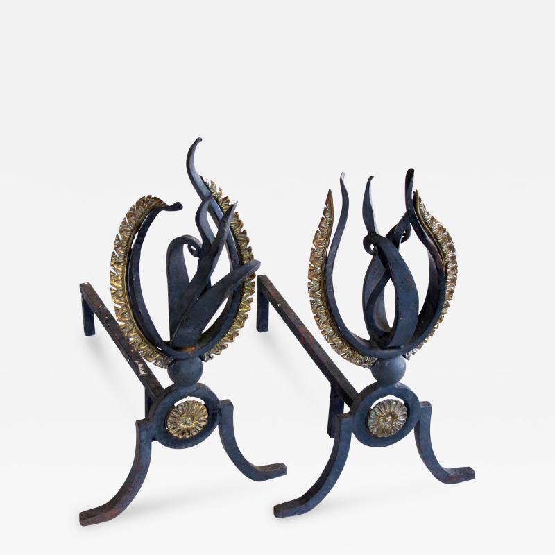 A Lively Pair of French Hand Wrought Iron Andirons of a Stylized Flame