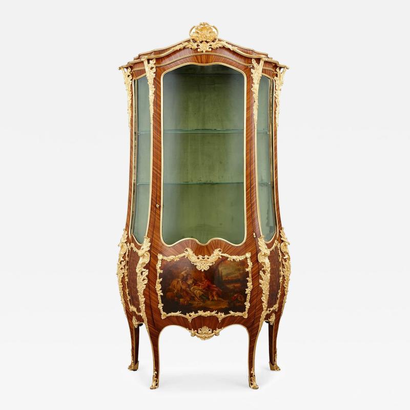 A Louis XV style gilt bronze mounted Vernis Martin and parquetry vitrine