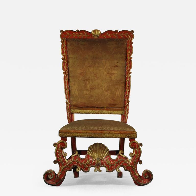 A MAGNIFICENT AND MASSIVE PAIR OF RED LACQUER AND GILTWOOD SIDE CHAIRS