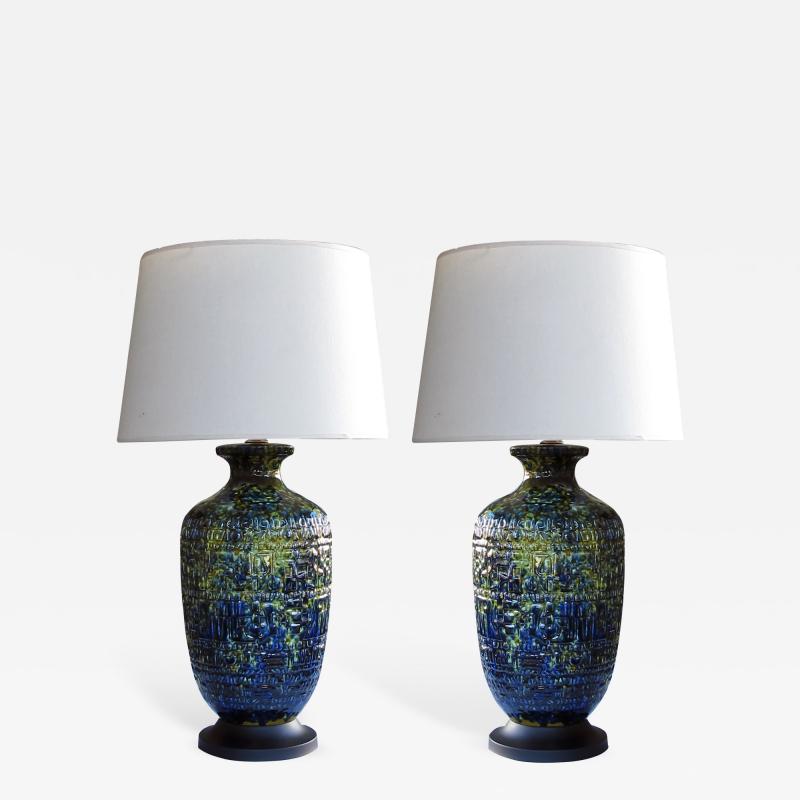 A Massive Pair of American Ceramic Lamps with Blue Green and Yellow Drip Glaze