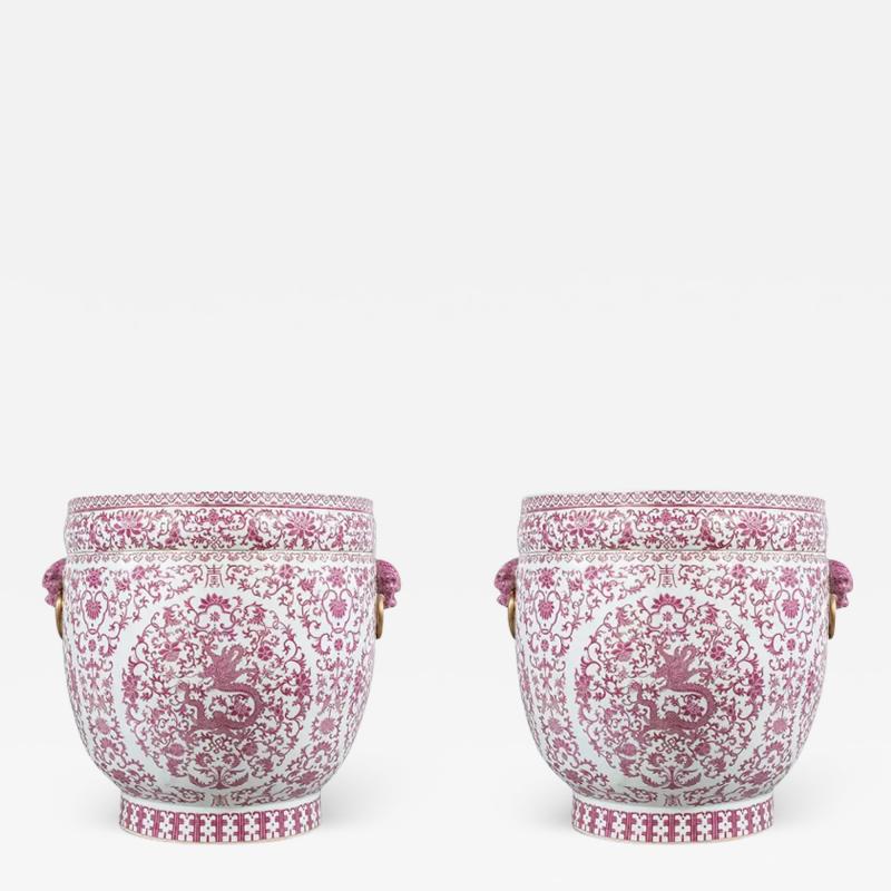 A Massive Pair of Chinese Pink and White Dragon Porcelain Planters Republic