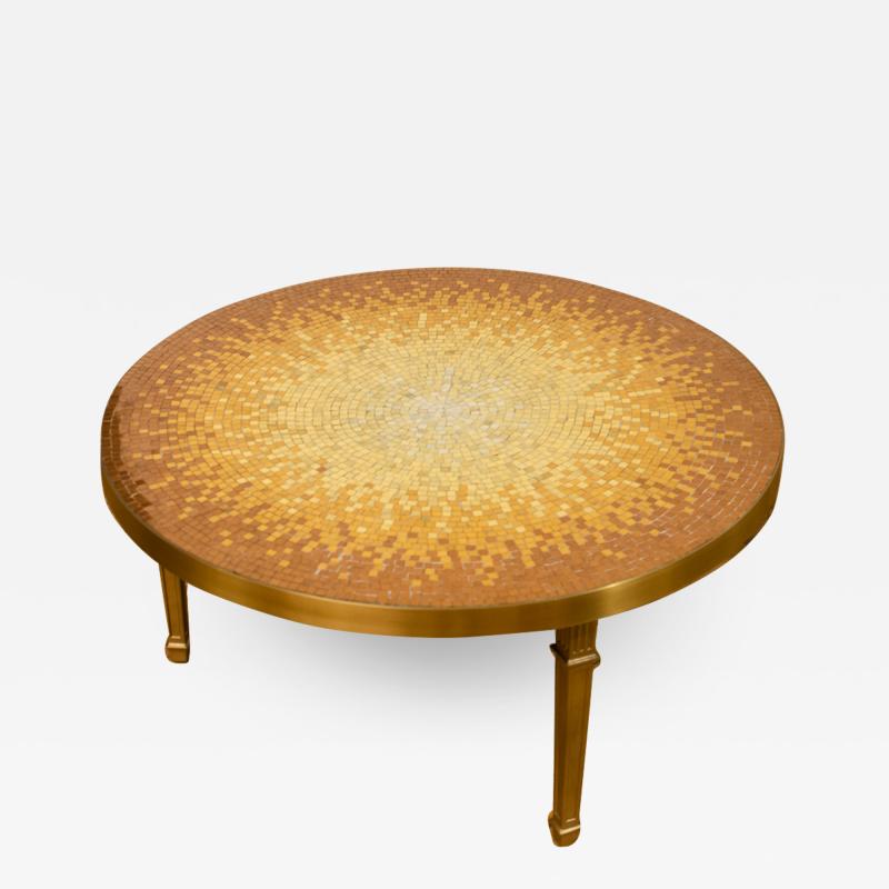 A Mid Century mosaic side table with Venetian glass tiles and a bronze frame