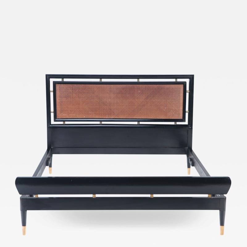 A Modern Italian ebonized Queen size bed with a cane headboard C 1960 