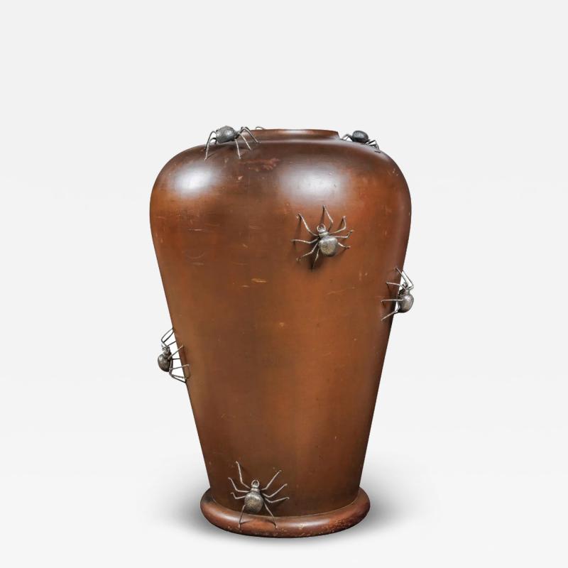 A Monumental Meiji Period Japanese Turned Wood Vase with Silver Spider Okimonos