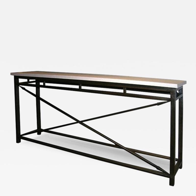 A Neo Classical Steel Console table with Limestone Top