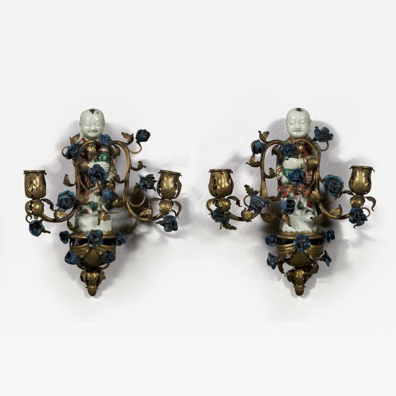 A PAIR OF CHARMING QING DYNASTY TWO LIGHT WALL SCONCES