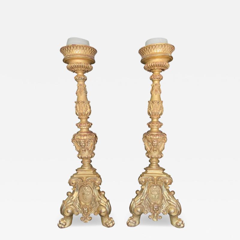 A PAIR OF LARGE ANTIQUE ITALIAN GILT WOOD NEOCLASSICAL TORCHERES