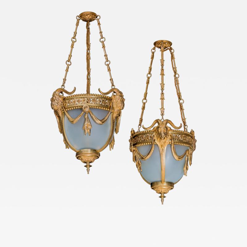 A PAIR OF NEOCLASSICAL ORMOLU FROSTED GLASS LANTERNS