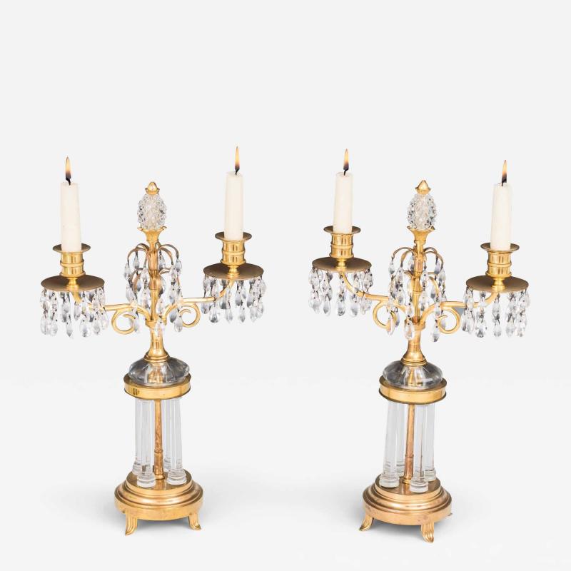 A PAIR OF ORMOLU AND GLASS TEMPLE CANDELABRA