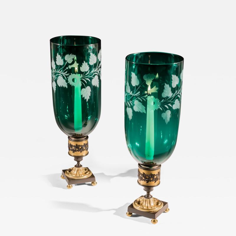 A PAIR OF ORMOLU BRONZE MOUNTED GREEN STORM SHADES