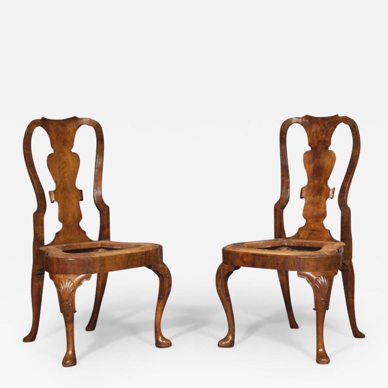 A PAIR OF WELL DRAWN FIGURED VENEER AND SOLID WALNUT EARLY GEORGE I SIDE CHAIRS