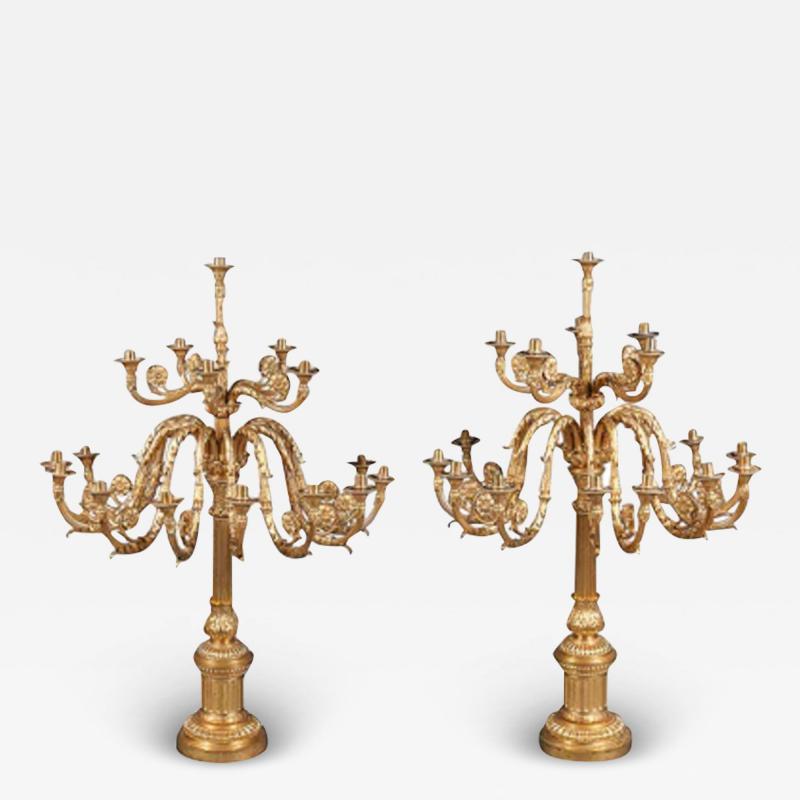 A PALATIAL PAIR OF ENGLISH GILT BRONZE 14 BRANCH CANDELABRAS