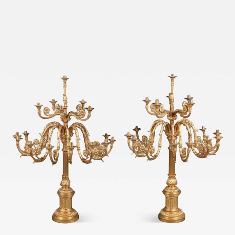 A PALATIAL PAIR OF ENGLISH GILT BRONZE 14 BRANCH CANDELABRAS