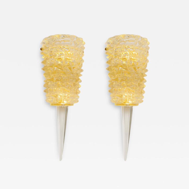 A Pair Barovier Style Art Deco Rostrato Clear Italian Murano Glass Wall Sconces