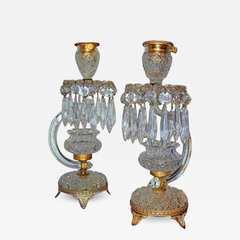 A Pair English Regency of 19th Century Cut Crystal and Bronze Dor Candlesticks