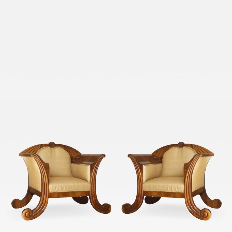 A Pair Of Figured Walnut And Carved Armchairs Of Large Scale