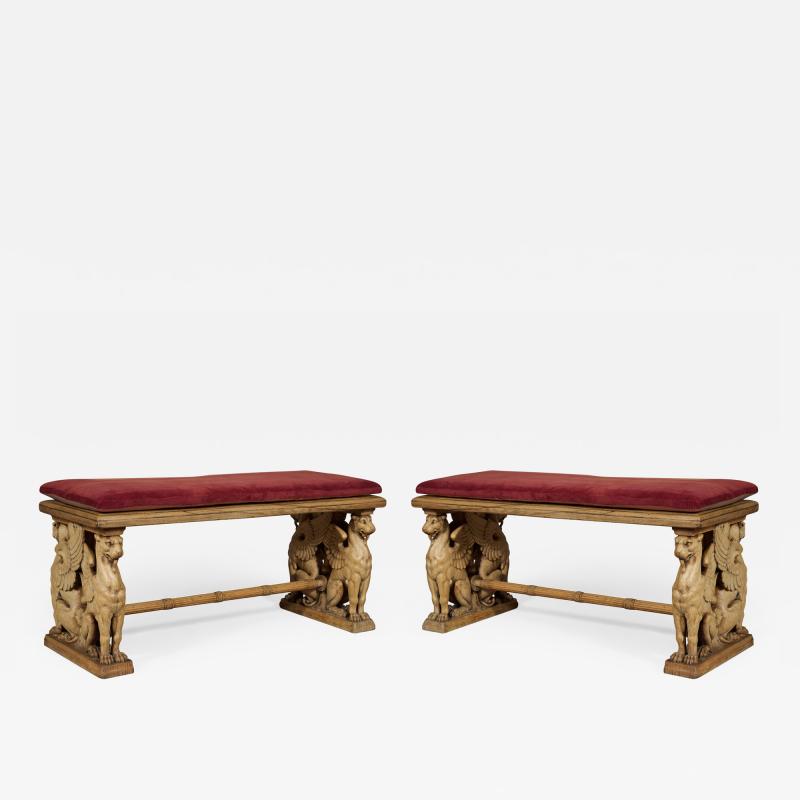 A Pair Of Neoclassical Oak Benches With Well Carved Monopodiae Supports