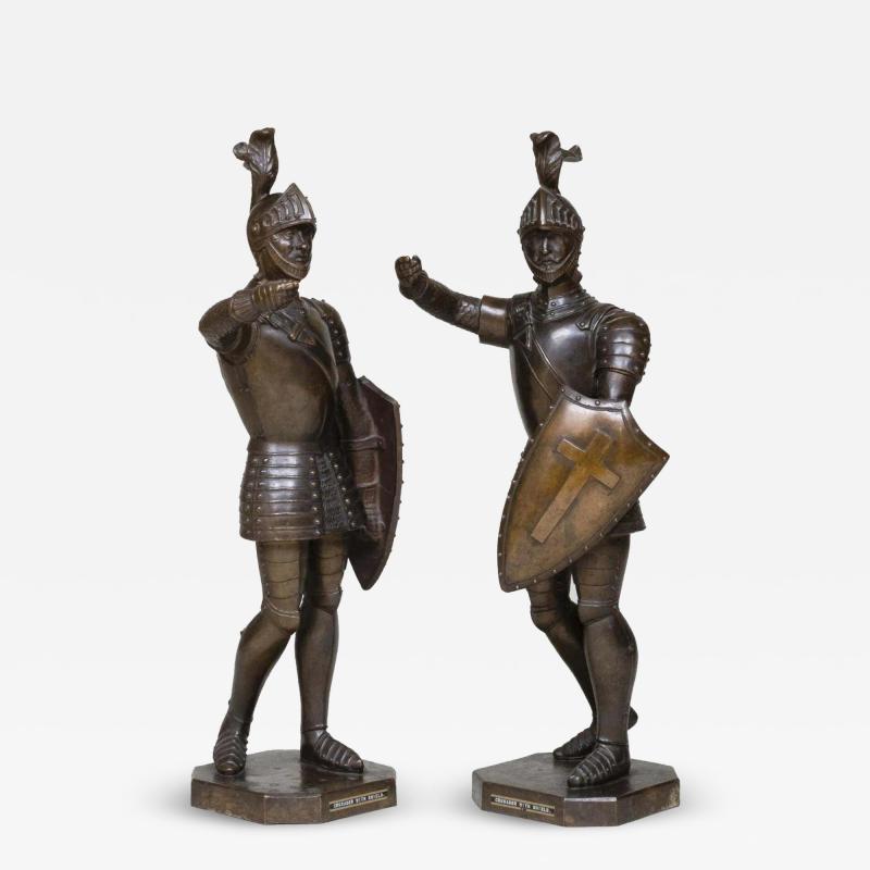 A Pair Of Patinated Bronze Medieval Crusader Sculptures with Armor and Shields