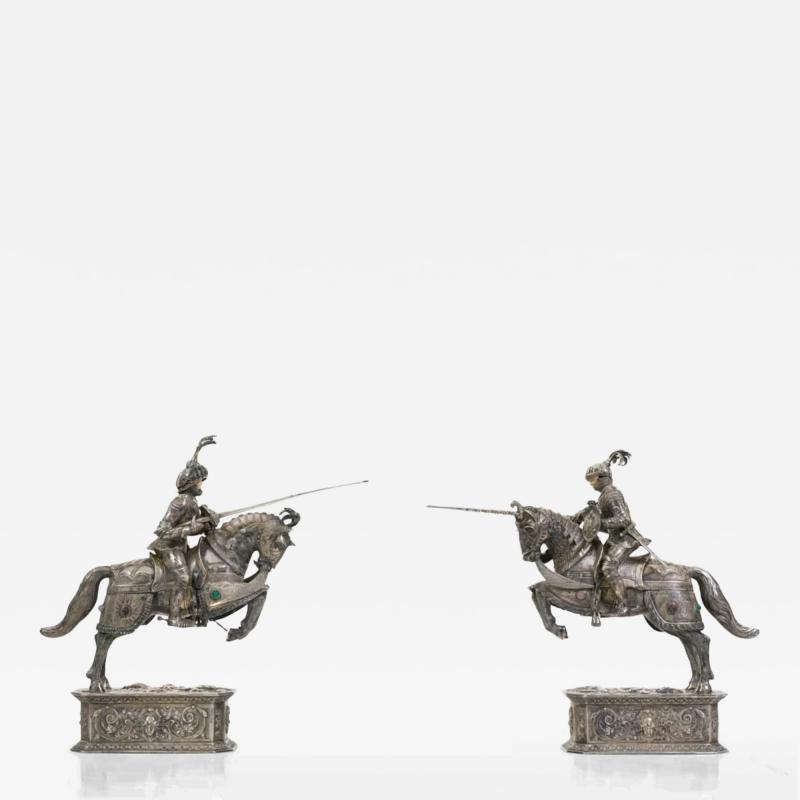 A Pair Of Silver Sculptures Knights On Horseback Hanau Germany
