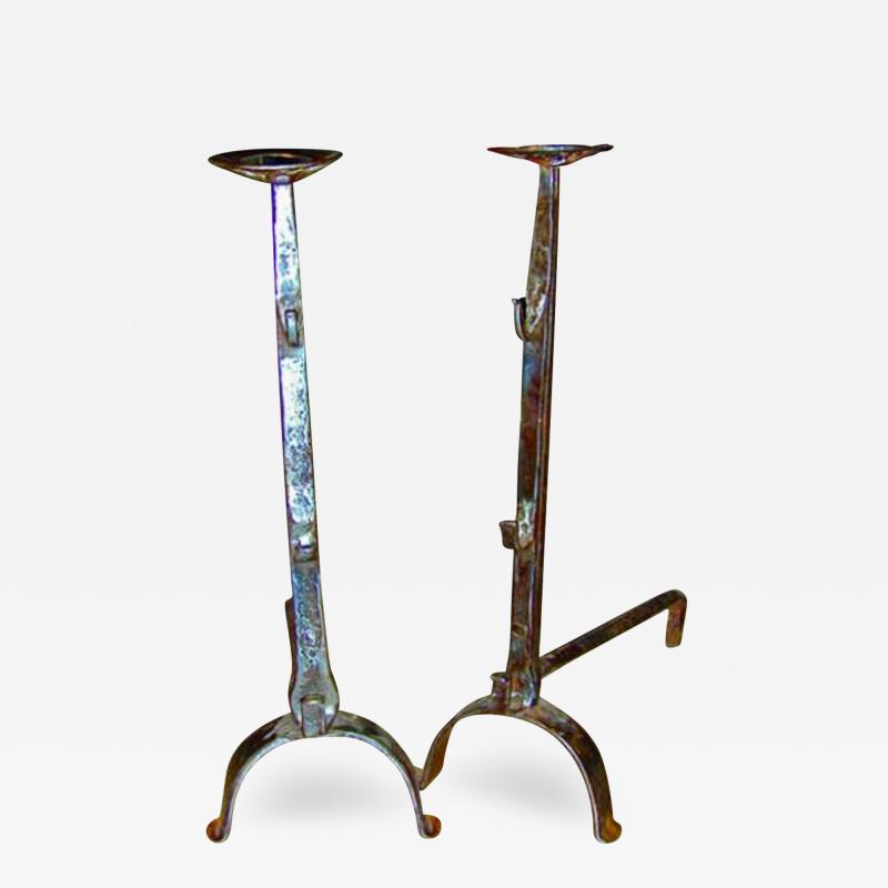 A Pair of 17th Century French Hand Forged Wrought Iron Andirons
