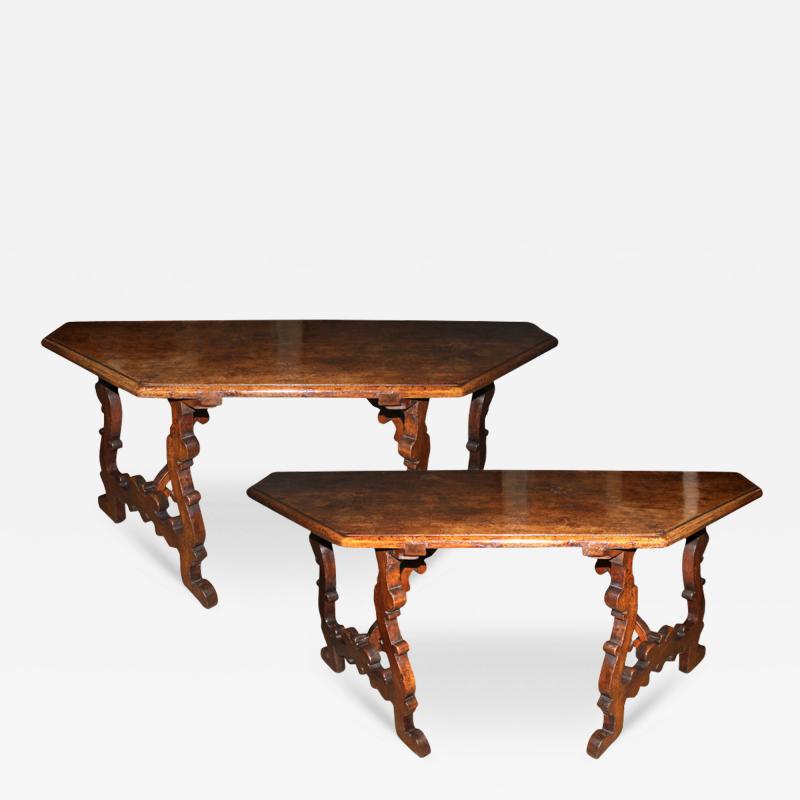 A Pair of 17th Century Tuscan Walnut Lyre Legged Trestle Console Tables