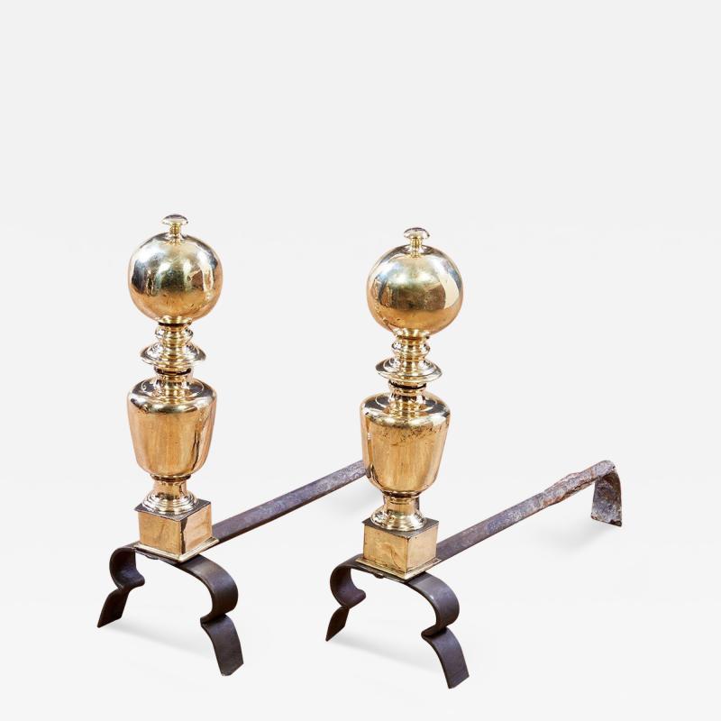 A Pair of 18th c Brass Cannon Ball Andirons