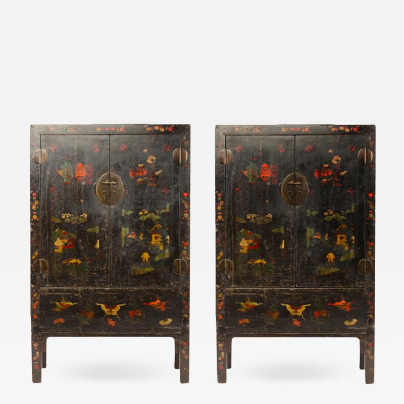 A Pair of 19th Century Chinese wardrobe chinoiserie lacquered Black