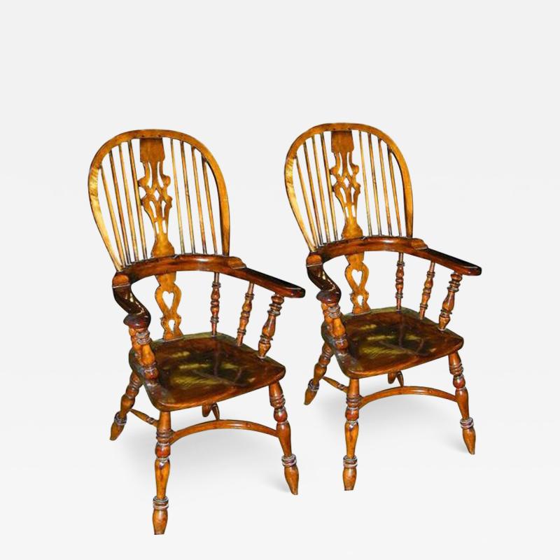 A Pair of 19th Century English Late Georgian Oak Yew wood Windsor Armchairs