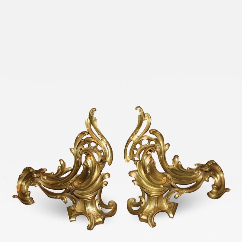 A Pair of 19th Century French Louis XV Gilt Bronze Chenets Andirons 