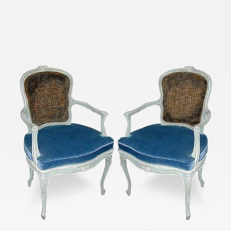 A Pair of 19th Century French Louis XV Style Blue Polychrome Armchairs