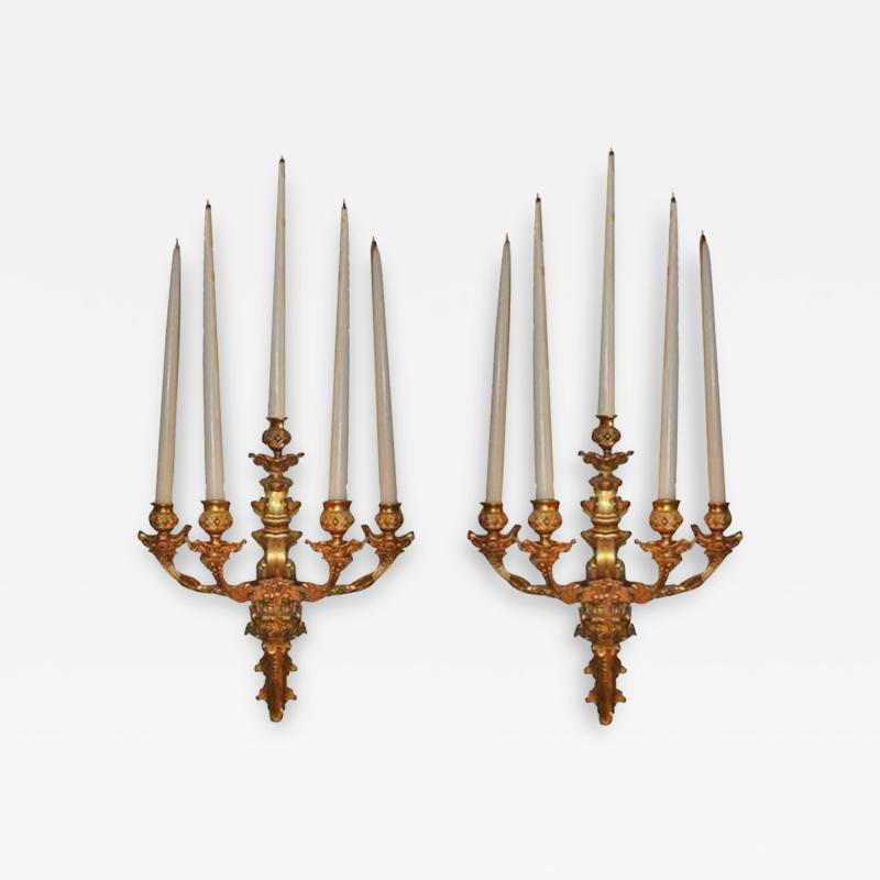 A Pair of 19th Century Gilt Bronze Five Light Wall Sconces