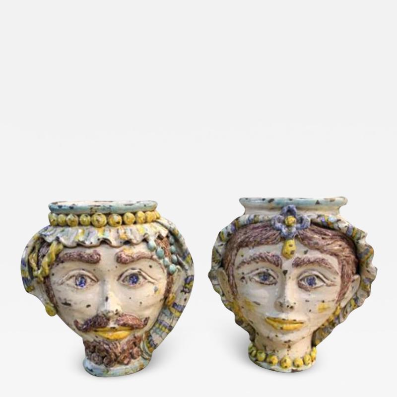 A Pair of 19th Century Sicilian Majolica Rusticated Cachepots