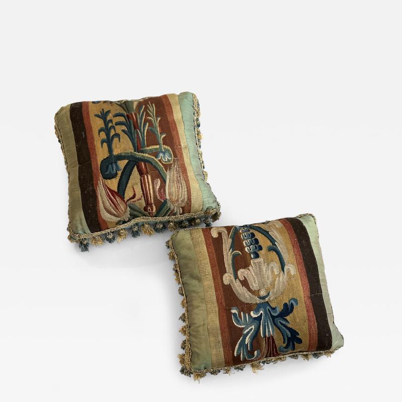 A Pair of Antique 18th Century European Tapestry Pillows With Tassels