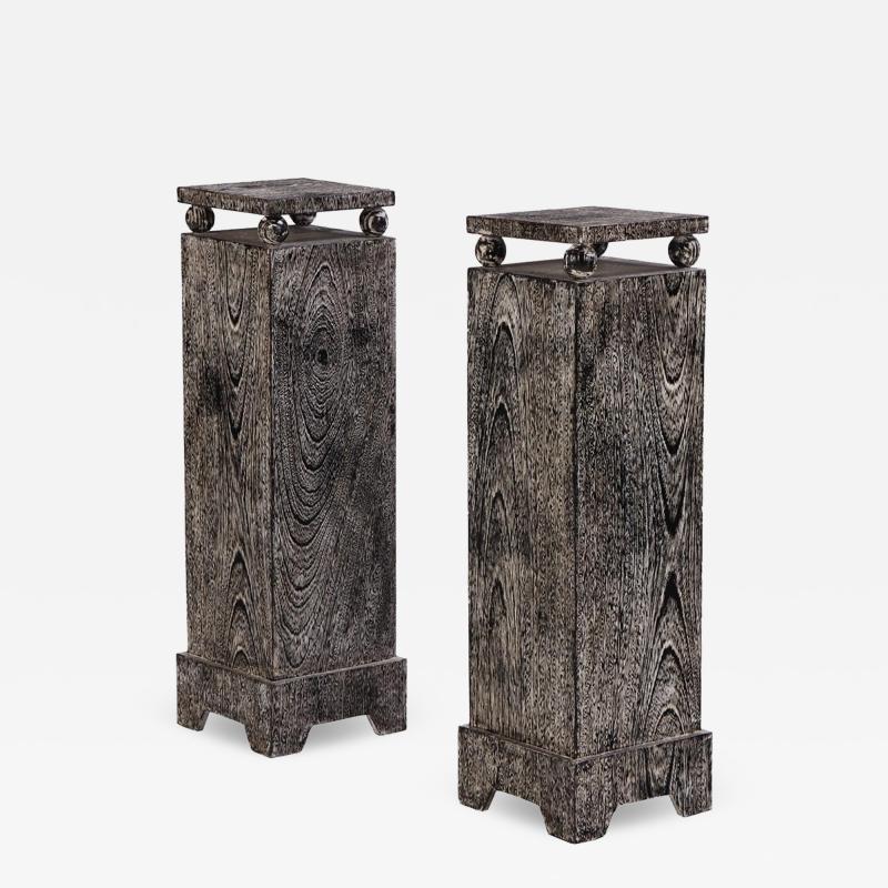 A Pair of Art Deco Style Square Cerused Oak Pedestals 
