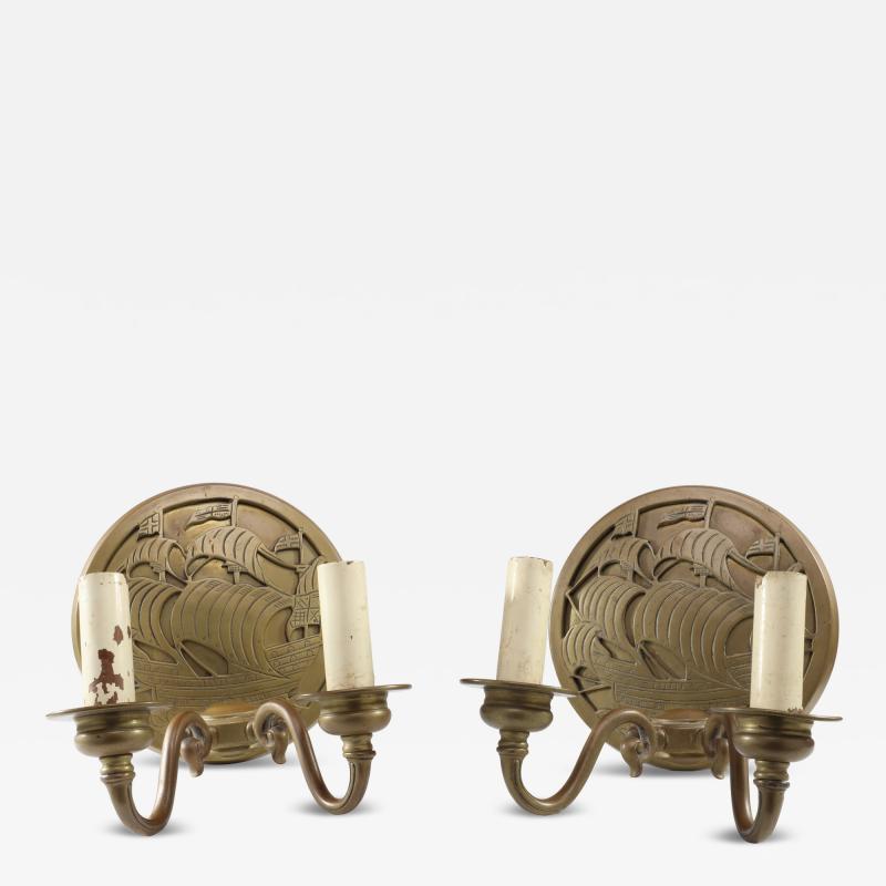 A Pair of Arts Crafts Brass Wall Lights with Galleons in Sail